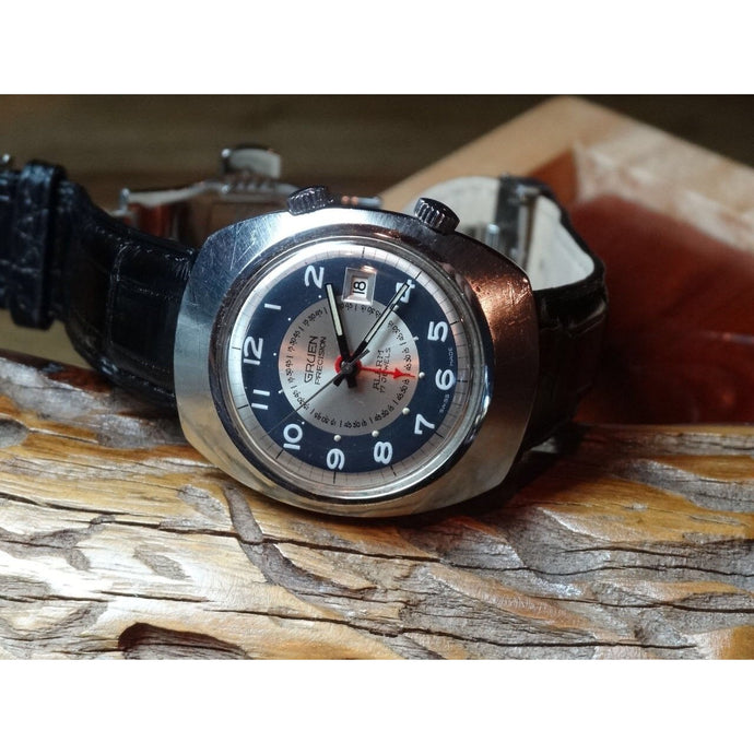 Sold - Gruen Precision Alarm Date 1970’s with Art Deco Tuxedo Dial A. Schild 1931 - ClockSavant