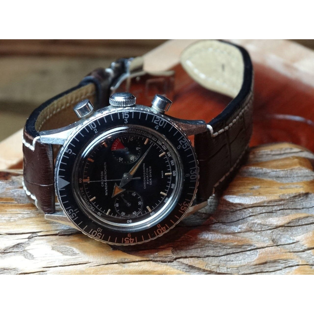 Sold - Croton Nivada Grenchen Aviator Sea Diver Vintage Chronograph Valjoux 92 Shock Resistant Black Dial - ClockSavant