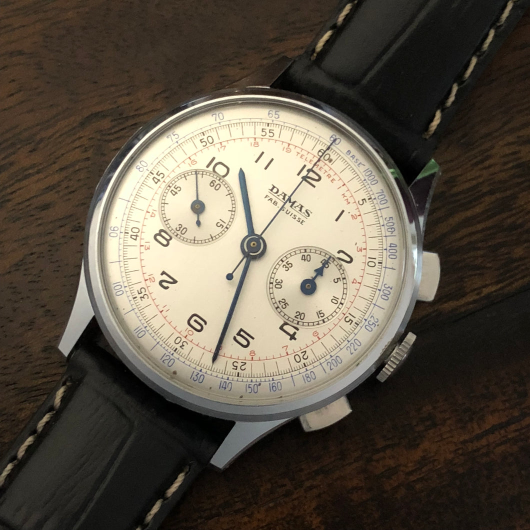 Sold - Damas 1940's New Old Stock Vintage Chronograph Gallet Excelsior Park Calibre 14J 40 - Original Strap and Hang Tag - Fully Serviced by ClockSavant - ClockSavant